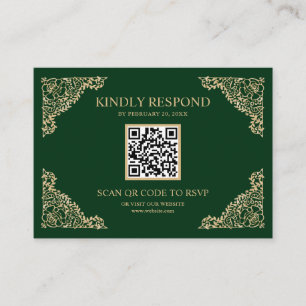 Green and Gold Frame QR Code RSVP Wedding Website Enclosure Card