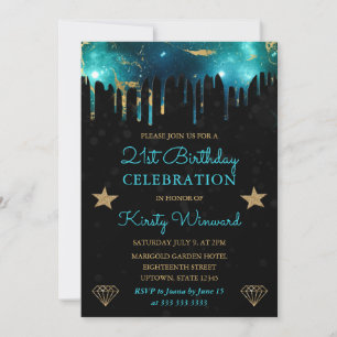 Green and Gold Galaxy Marble 21st Birthday Invitation