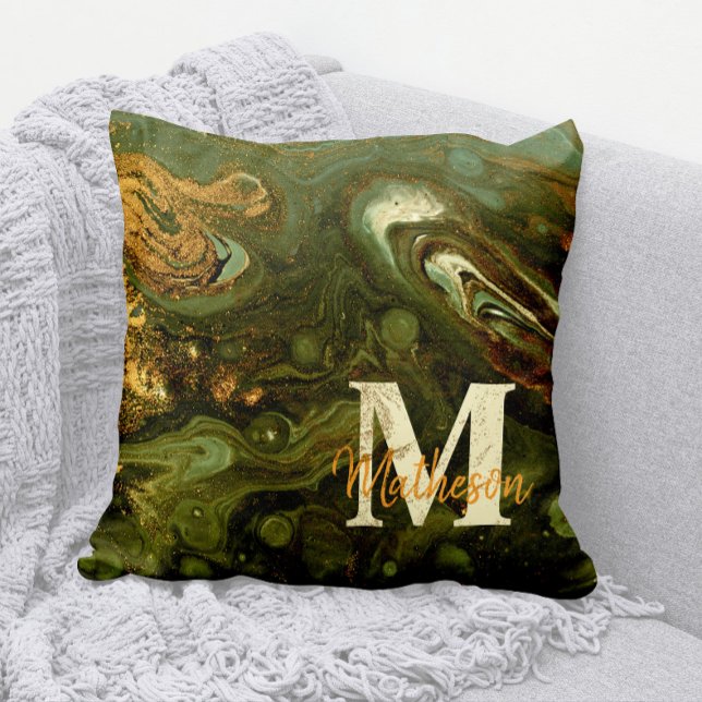 Green and Gold Geode + Speckles Monogram + Name Cushion (Rustic Green and Gold Geodes Pillow with your Family Monogram and Family Name)