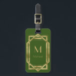 Green and Gold Geometric | Monogram & Name Luggage Tag<br><div class="desc">Elegant and chic Green and gold art deco geometric frame with monogram. This is a template ready for you to personalise with your initial. Inspired by the 1920's Gatsby  Art Deco style. Great for speakeasy party or just regular poker night.</div>