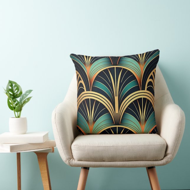 Green and Gold Geometric Throw Pillow Art Deco (Chair)