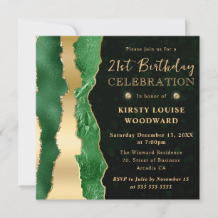 Green and Gold Glam Tears Bokeh 21st Birthday Invitation