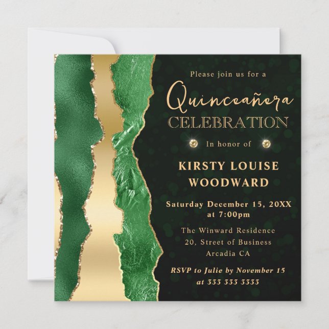 Green and Gold Glam Tears Bokeh Quinceanera Invitation (Front)