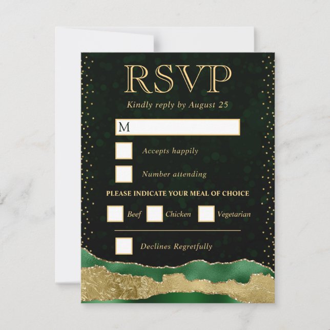 Green and Gold Glam Tears Bokeh Wedding RSVP Card (Front)