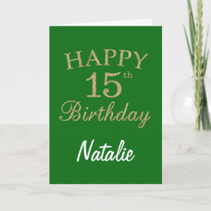 Green and Gold Glitter 15th Birthday Card
