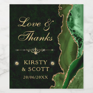 Green and Gold Glitter Agate and marble Wedding Wine Label