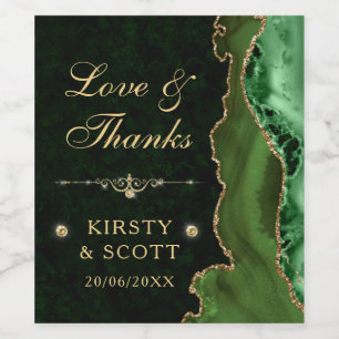 Green and Gold Glitter Agate and marble Wedding Wine Label