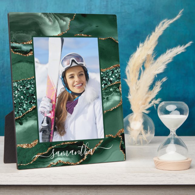 Green and Gold Glitter Agate Elegant Name Photo Plaque (Side)