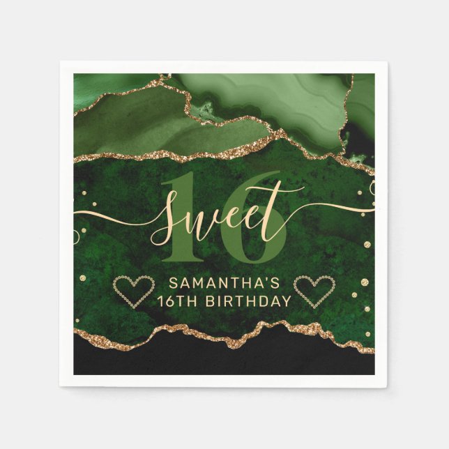 Green and Gold Glitter Agate Marble Sweet 16  Napkin (Front)