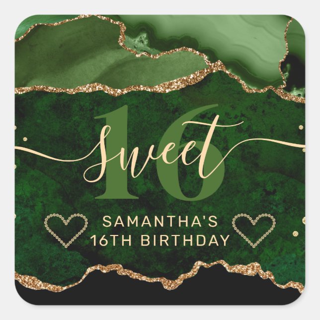 Green and Gold Glitter Agate Marble Sweet 16  Square Sticker (Front)
