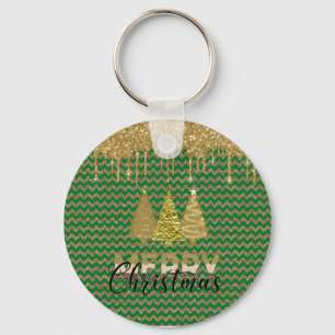Green and gold glitter christmas tree key ring