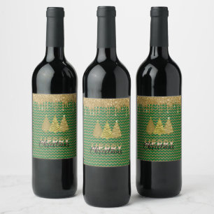 Green and gold glitter christmas tree wine label