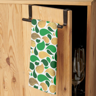 Green and Gold Glitter Festive Pattern Fusion Tea Towel