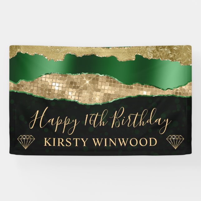 Green and Gold Glitter Glam Edge Sweet Sixteen Banner (Horizontal)