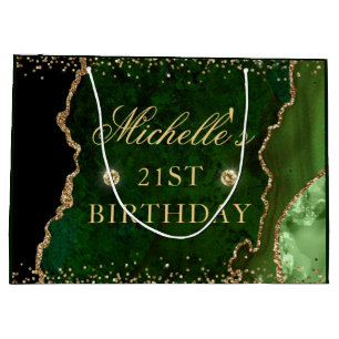 Green and Gold Glitter Marble Agate Birthday Large Gift Bag
