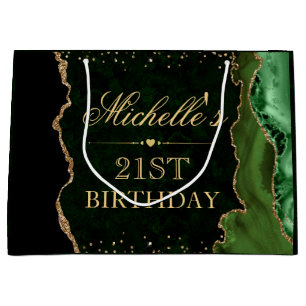Green and Gold Glitter Marble Agate Birthday Large Gift Bag