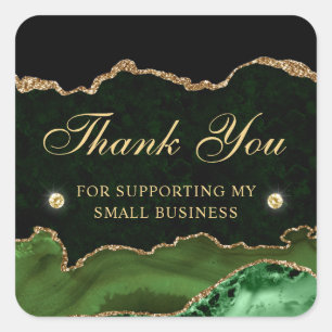 Green and Gold Glitter Marble Agate Small Business Square Sticker