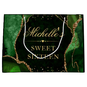 Green and Gold Glitter Marble Agate Sweet 16 Large Gift Bag