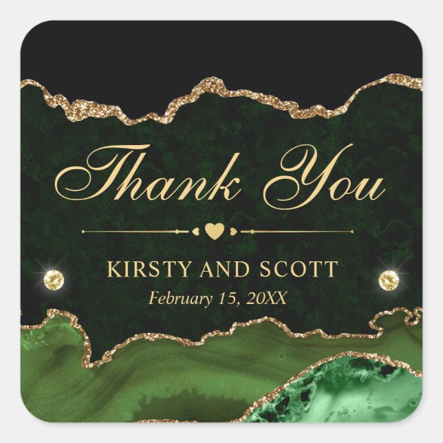 Green and Gold Glitter Marble Agate Wedding Square Sticker (Front)
