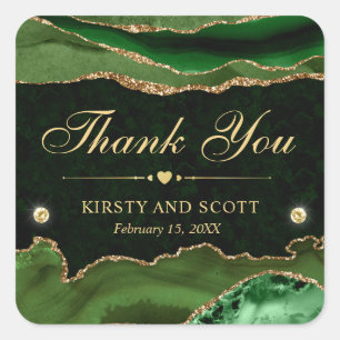 Green and Gold Glitter Marble Agate Wedding Square Sticker