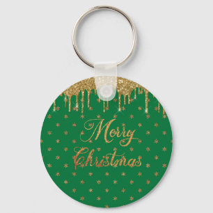 Green and gold glitter - merry christmas key ring