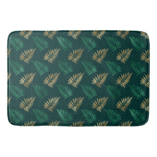 Green and Gold Glitter on Tropical Leaves Bath Mat