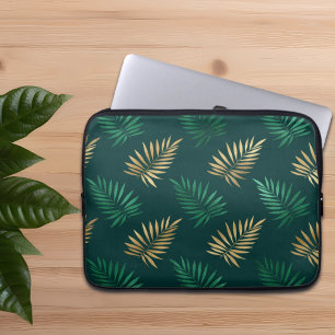 Green and Gold Glitter on Tropical Leaves Laptop Sleeve