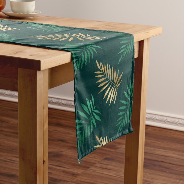 Green and Gold Glitter on Tropical Leaves Long Table Runner (In Situ)
