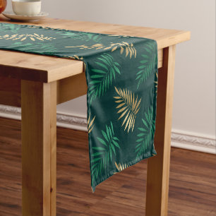 Green and Gold Glitter on Tropical Leaves Medium Table Runner