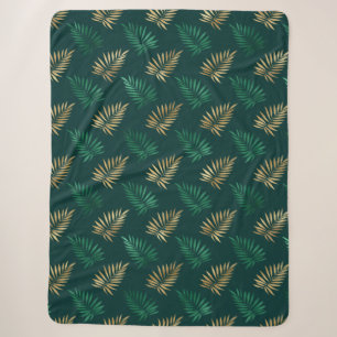 Green and Gold Glitter on Tropical Leaves Sherpa Blanket