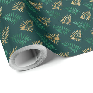 Green and Gold Glitter on Tropical Leaves Wrapping Paper