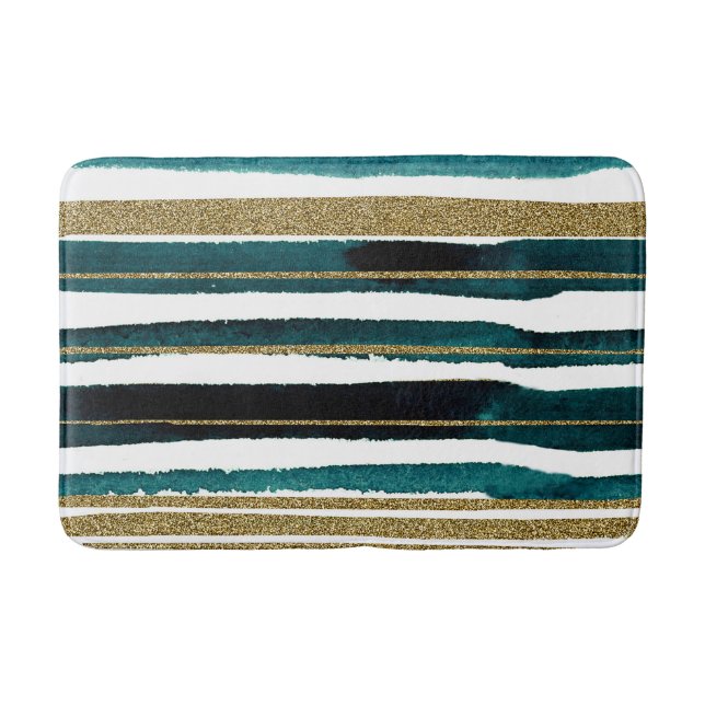 Green and gold glitter stripes  bath mat (Front)