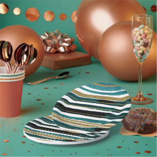 Green and gold glitter stripes paper plate
