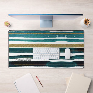 Green and gold glitter stripes personalised desk mat