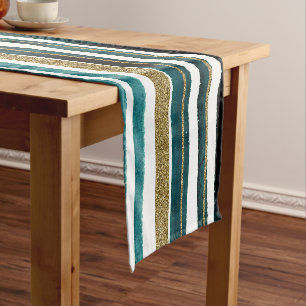 Green and gold glitter stripes short table runner