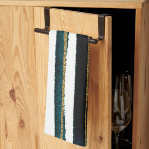 Green and gold glitter stripes tea towel