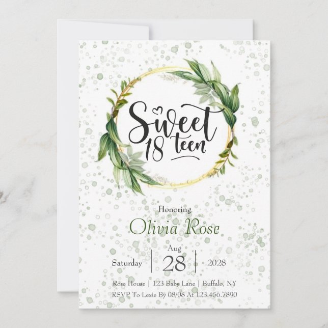 Green and Gold Glitter Sweet 18th Birthday Party Invitation (Front)