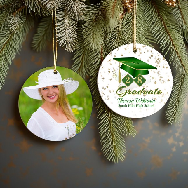 Green and Gold Graduate Photo Ceramic Ornament (Green and Gold Graduate Photo Ceramic Ornament)