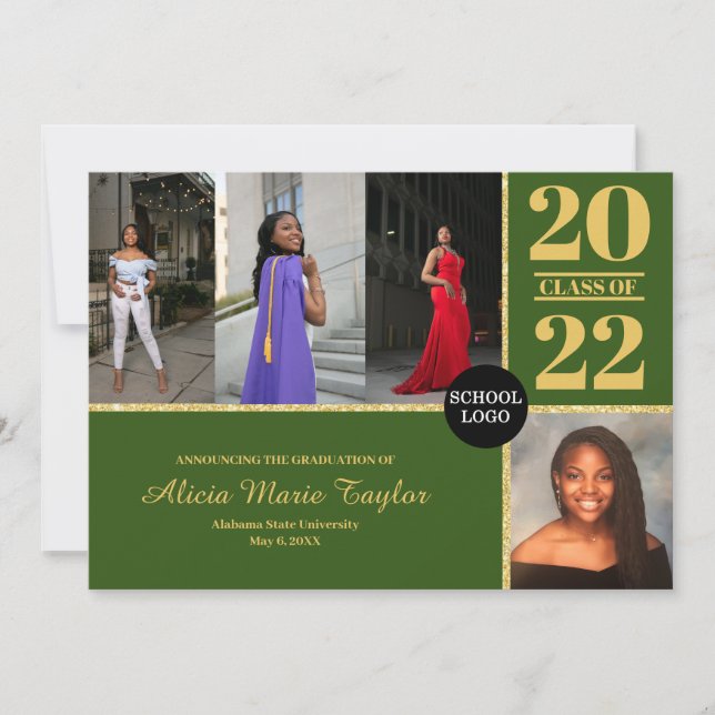 Green and Gold Graduation announcement w/ Photo (Front)