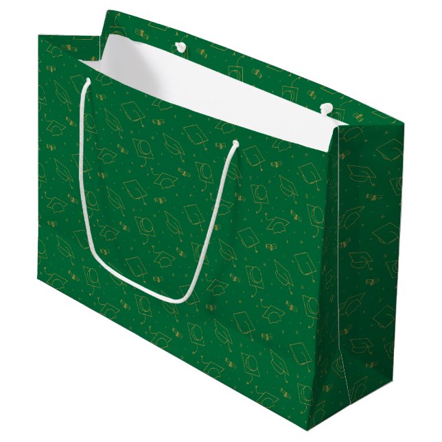 Green and Gold Graduation Cap Toss Large Gift Bag (Front Angled)