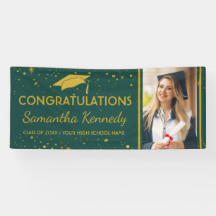 Green And Gold Graduation Confetti Grad Cap Photo  Banner