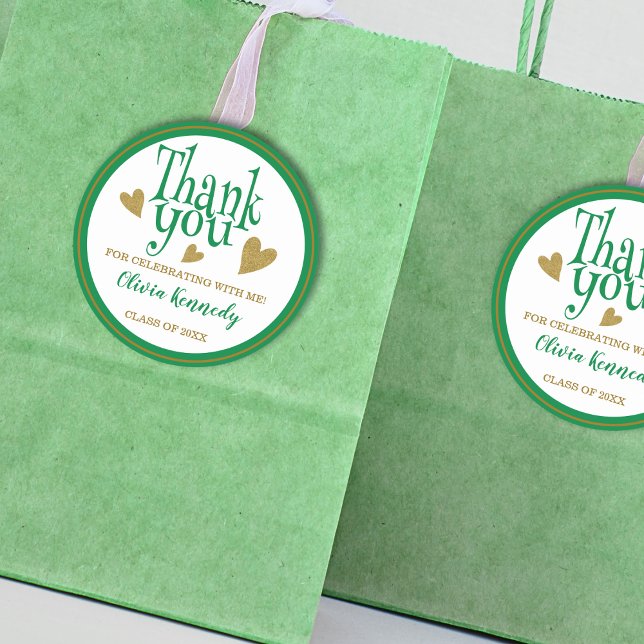 Green And Gold Graduation Party Thank You Favour   Classic Round Sticker (Green And Gold Graduation Party Thank You Favor Classic Round Sticker
)