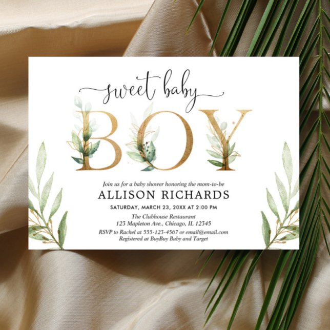 Green and gold greenery modern boy baby shower invitation (Creator Uploaded)