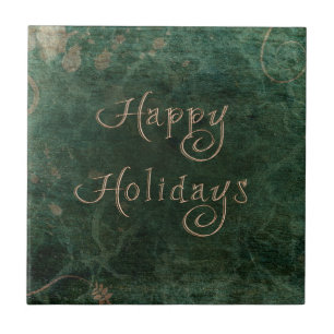 Green and Gold Grunge Vines - Happy Holidays Ceramic Tile