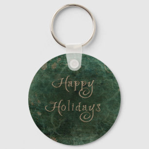 Green and Gold Grunge Vines - Happy Holidays Key Ring