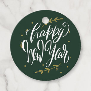 Green and Gold Happy New Year Calligraphy Wreath Favour Tags