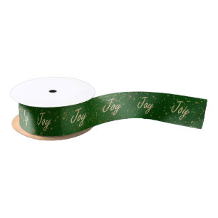 Green and Gold Joy Christmas Wrapping Ribbon Satin Ribbon