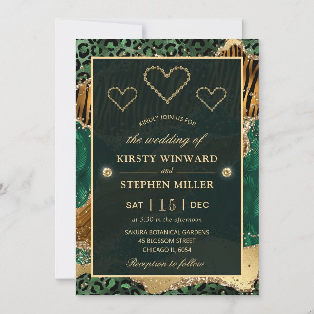 Green and Gold Jungle Safari Agate Wedding Invitation (Front)