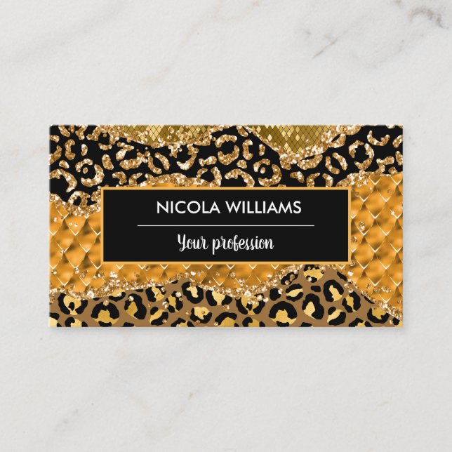Green and Gold Jungle Safari Animal Print Agate Business Card (Front)