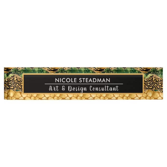 Green and Gold Jungle Safari Animal Print Agate Nameplate (Front)